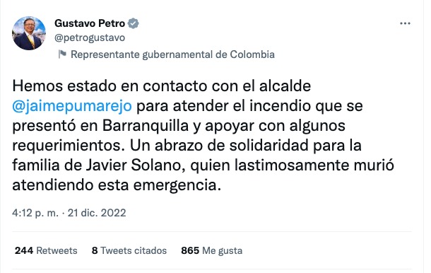 Así se pronunció el presidente Gustavo Petro en su cuenta de Twitter. 