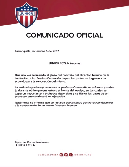 Comunicado oficial del Junior.