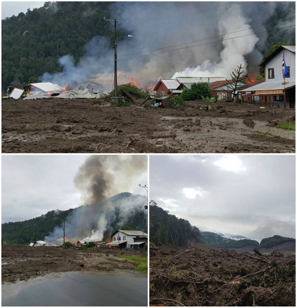 Imagen de alud de tierra y el incendio de las viviendas en Chile.