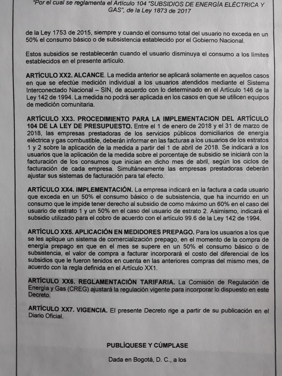 Cortesía Resolución del decreto en borrador.