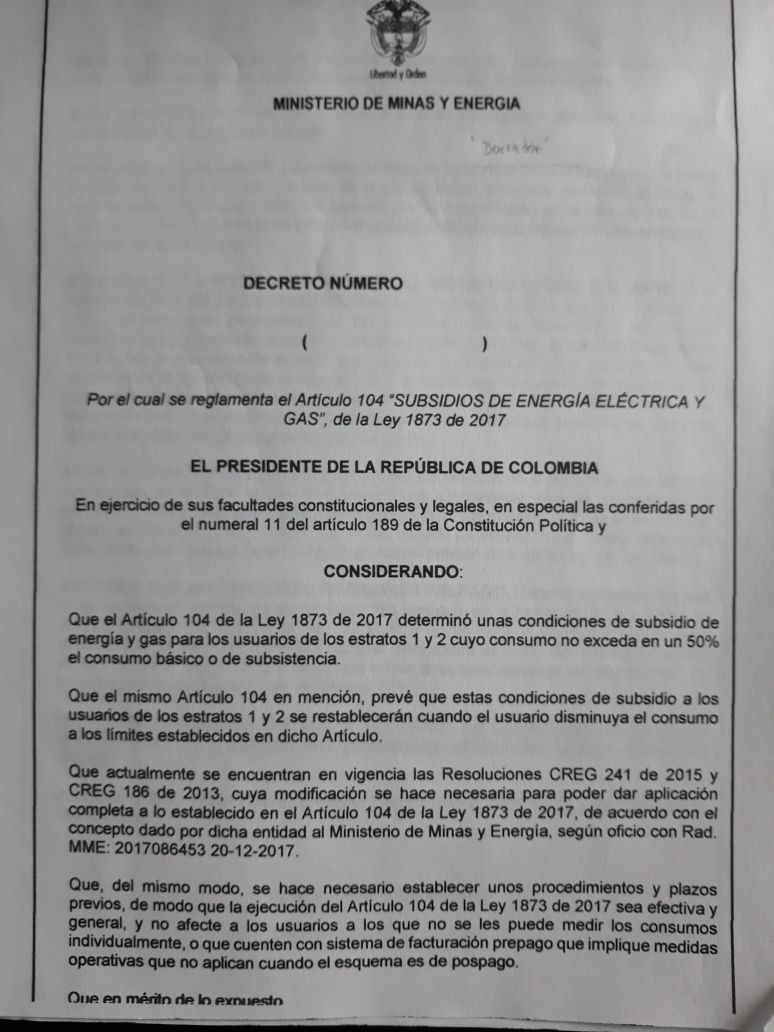 Decreto en borrador para aplicar medida de subsidios estratos 1 y 2.