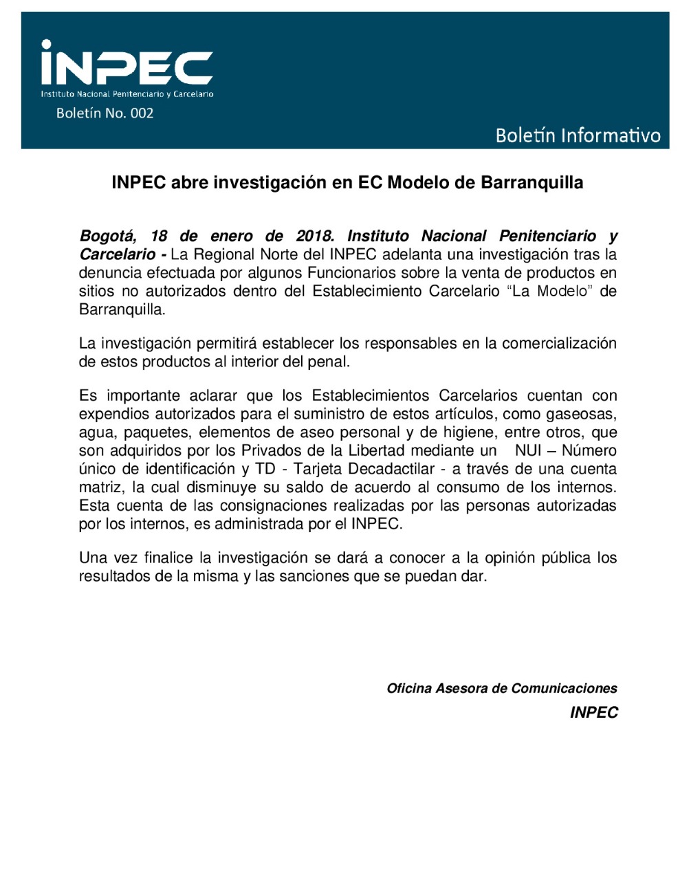 Comunicado emitido por el Inpec.