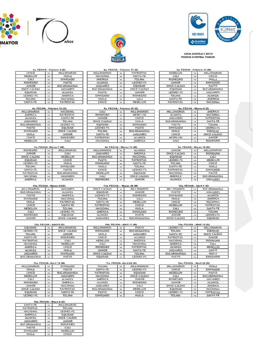 Calendario de la Liga Águila I-2018.