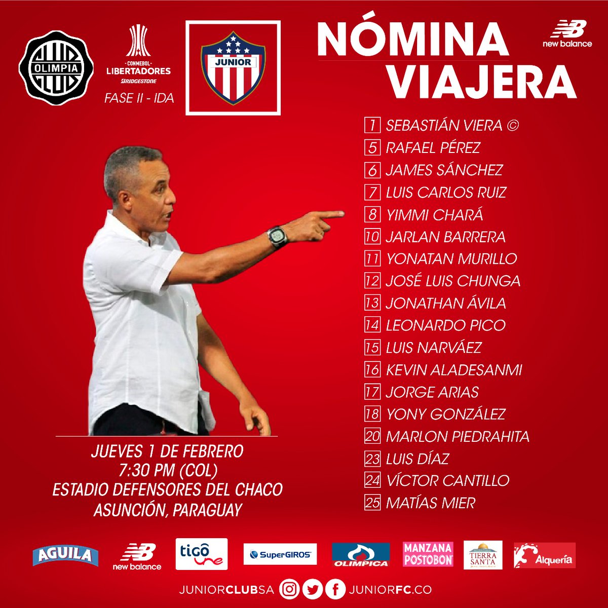 Esta es el grupo de jugadores de Junior que viajó a Paraguay.