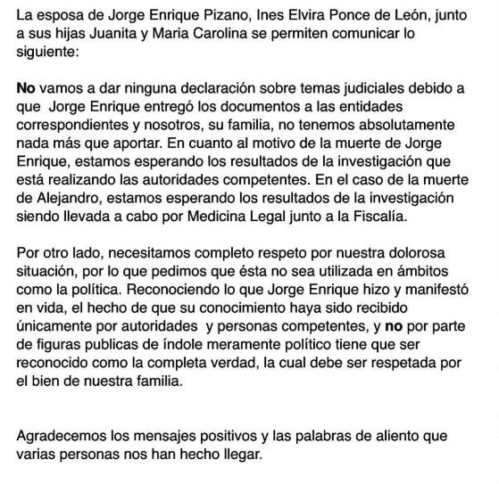 Este es el comunicado de la familia de Jorge Pizano.
