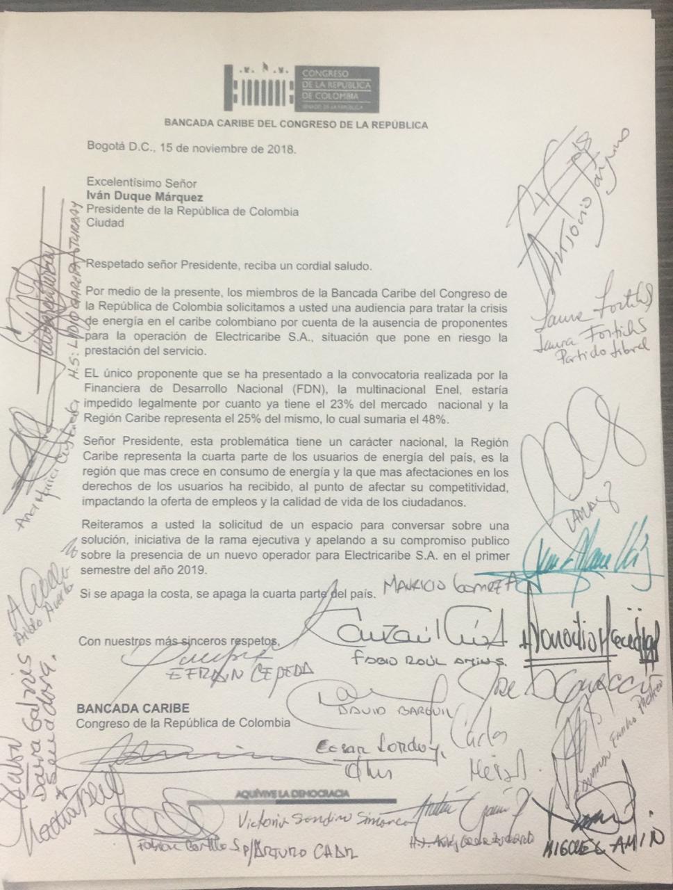 Esta es la solicitud de audiencia al Presidente Duque de la bancada costeña.