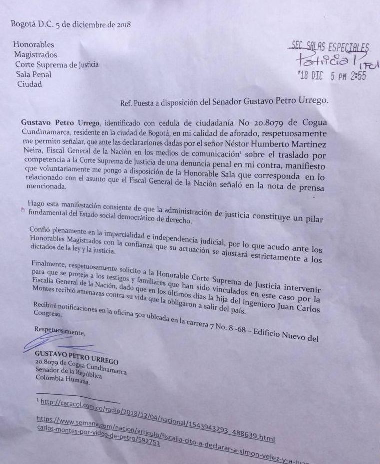 Esta es la carta que radicó Gustavo Petro ante la Corte Suprema.