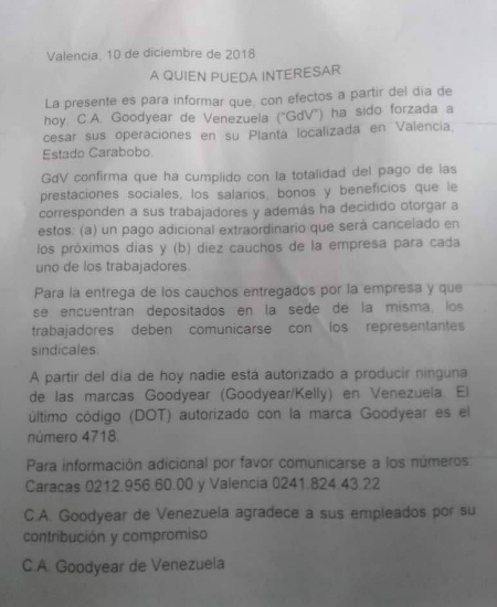 Esta fue la carta enviada por Goodyear.