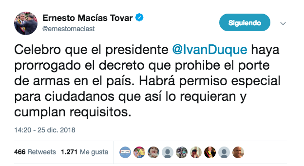 El trino del presidente del Senado, Ernesto Macías. 