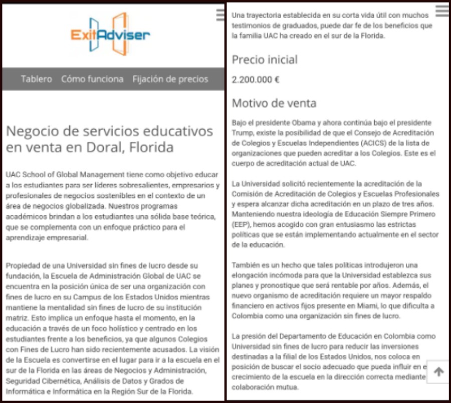 Aviso en exitadviser.com que da cuenta de la venta de la sede de las UAC School Management.