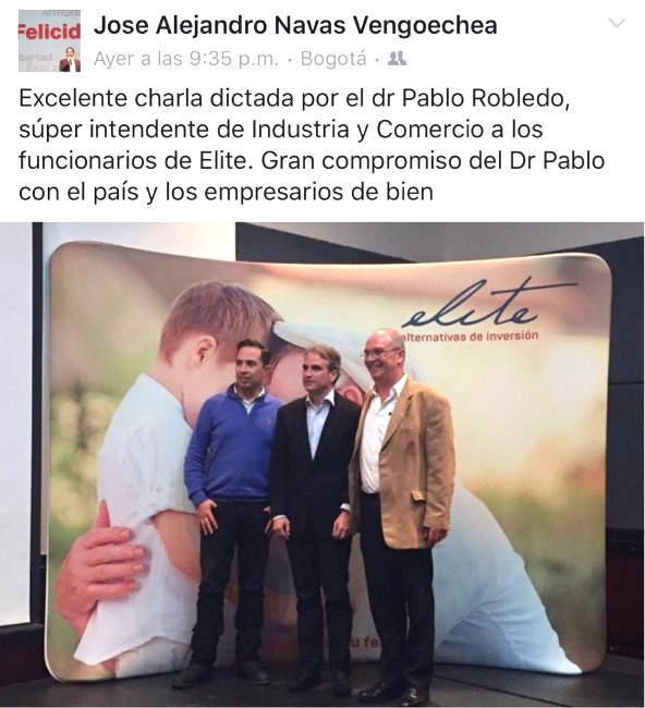 Publicación del capturado Navas, alabando a Pablo Felipe Robledo