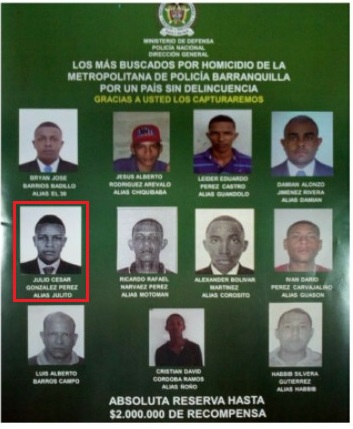 Julio César González Pérez, alias 'Julito', en el cartel de los más buscados por homicidio.