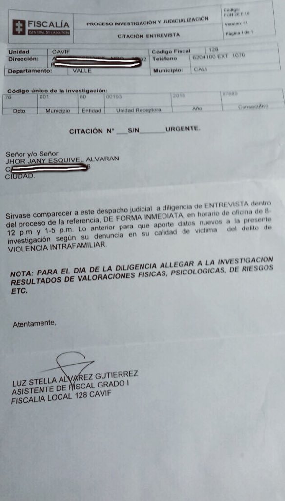 Esta es la citación que recibió Jhor Jany Esquivel (fallecida) 12 días después de su muerte.