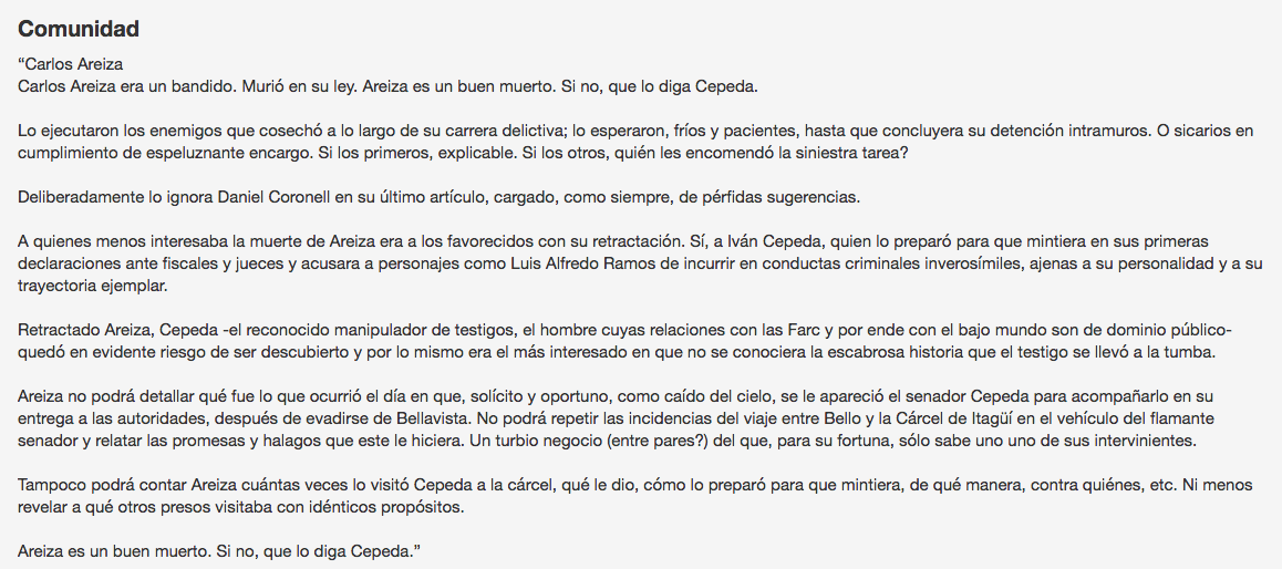 Este es el Twishort de Álvaro Uribe sobre el asesinato de Carlos Areiza. 