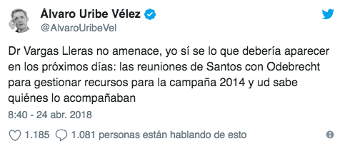 El último trino de Álvaro Uribe dirigido al candidato Germán Vargas Lleras.