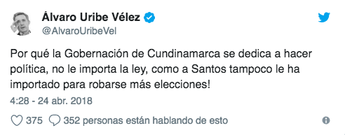 El Senador Álvaro Uribe criticando a la Gobernación de Cundinamarca.