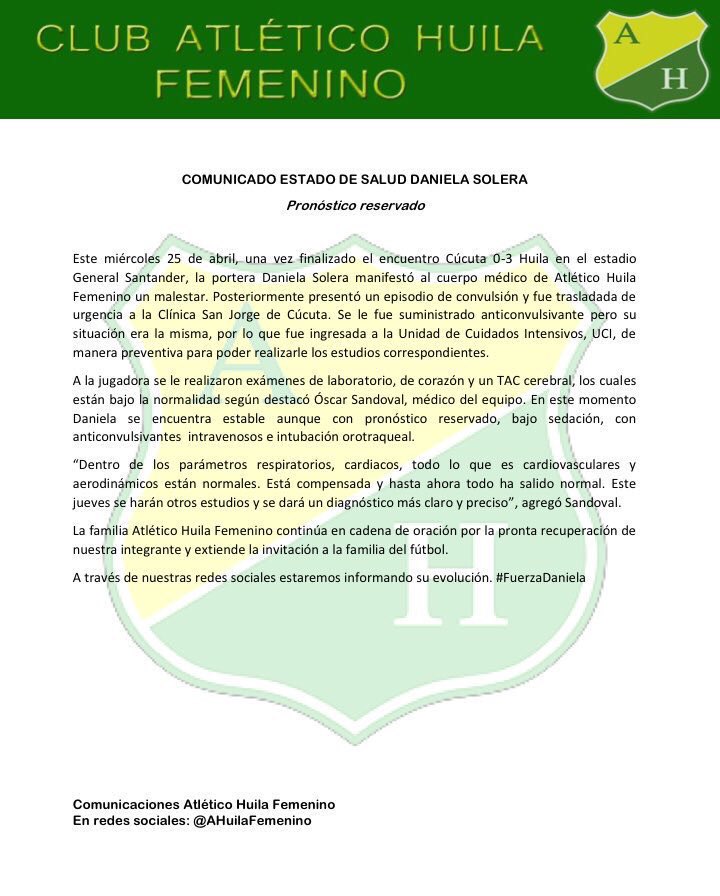 Comunicado del Atlético Huila sobre la portera. 