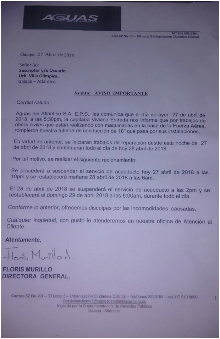 Suministrada Esta es la circular donde se advierte del daño de la tubería por cuenta de los trabajos de la Fuerza Aérea.