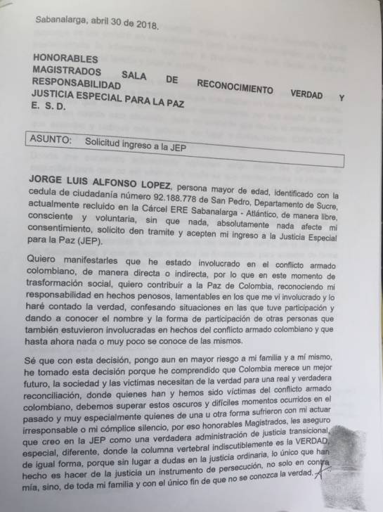 Caracol Radio La carta que envió Jorge Luis Alfonso López a JEP.