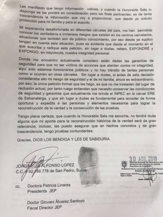 Caracol Radio La carta que envió Jorge Luis Alfonso López a JEP.