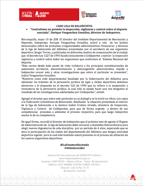 Comunicado de Indeportes Atlántico sobre caso de la Liga de Baloncesto del Atlántico. 