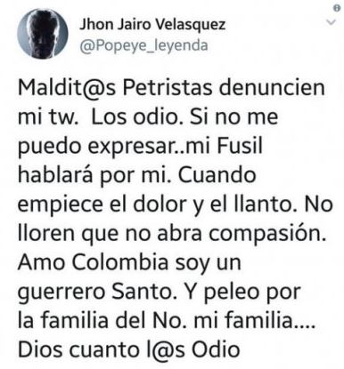 Este fue el trino que lanzó 'Popeye' en contra de los seguidores de Gustavo Petro. 