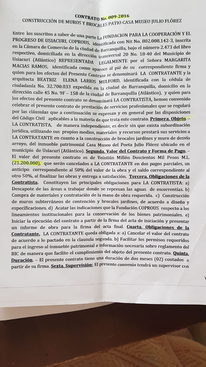 Contrato para construcción de muros ejecutado con contratista de Barranquilla.