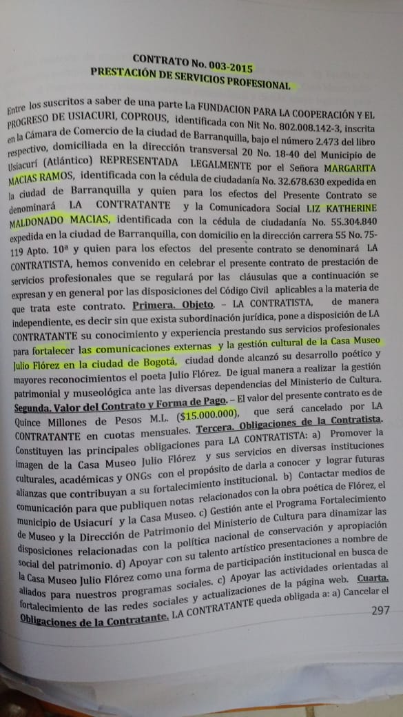 Contrato a nombre de Liz Maldonado Macías, hija de Margarita Macías por un valor de 15 millones de pesos.