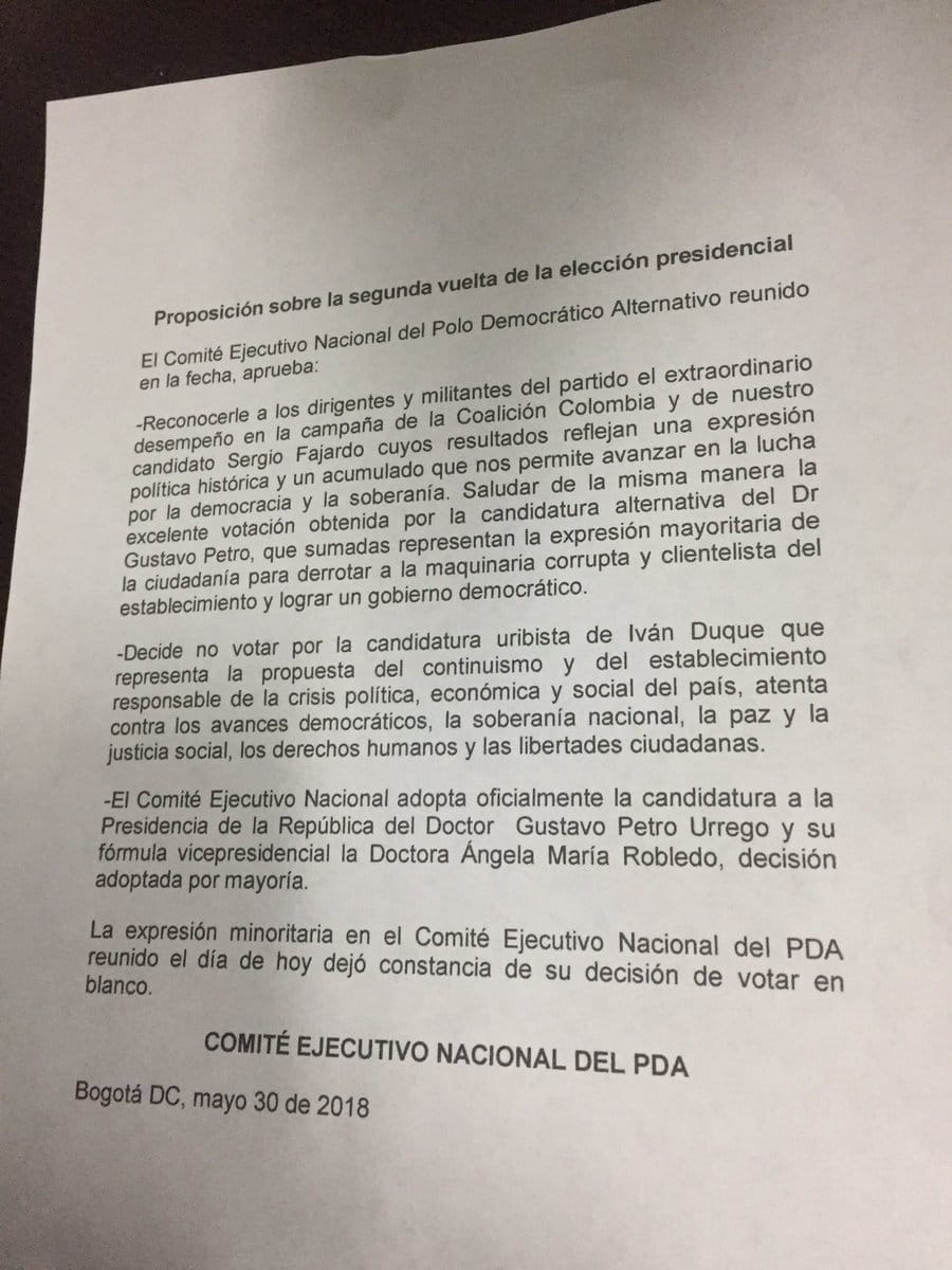 Comunicado del Polo Democrático sobre segunda vuelta presidencial.