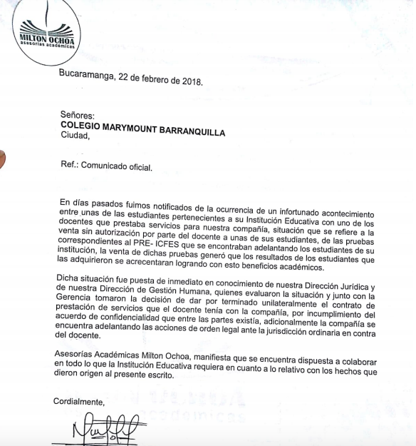 Comunicado de la empresa Miltón Ochoa Asesorías Académicas. 