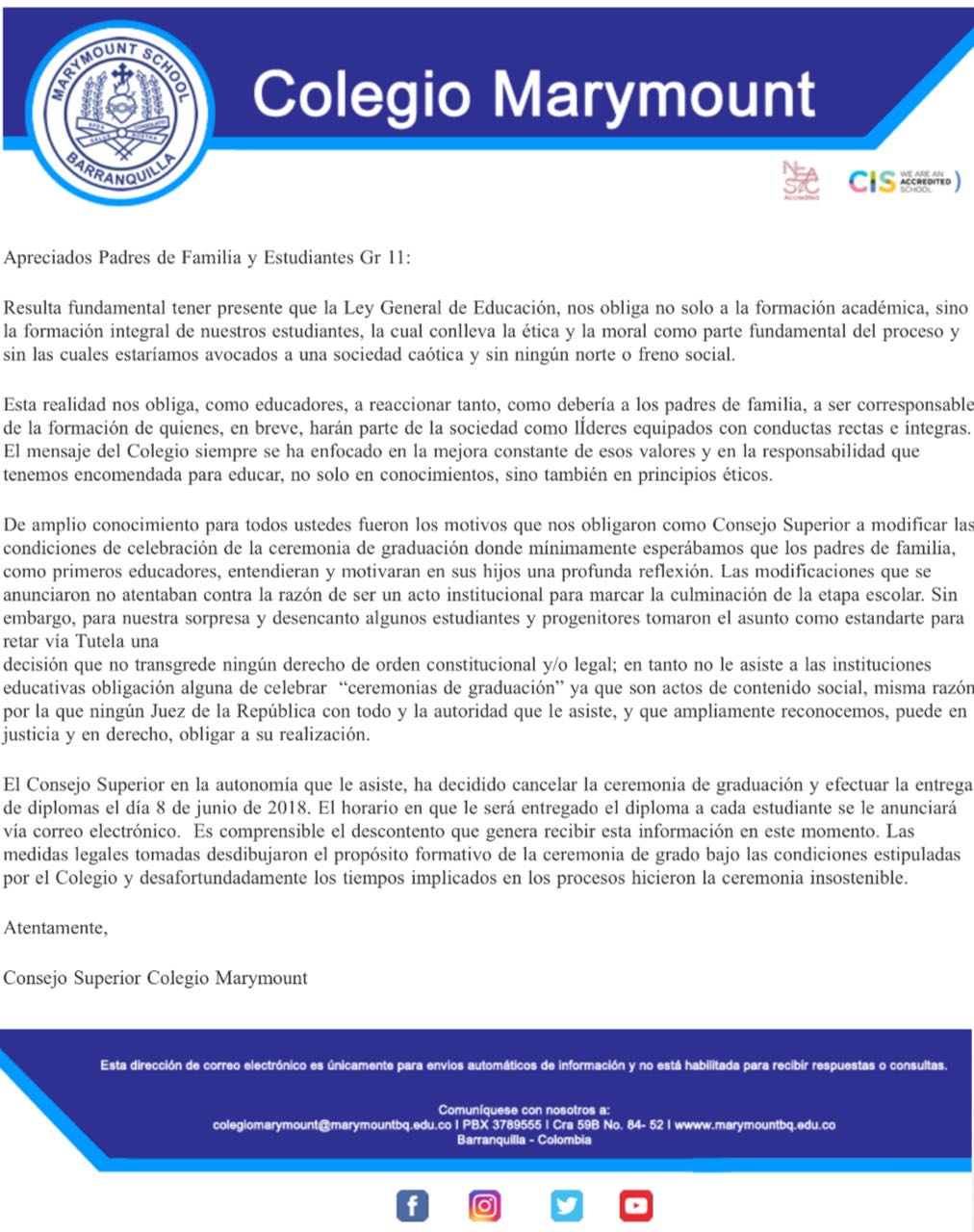 Comunicado del colegio Marymount suspendiendo la ceremonia. 