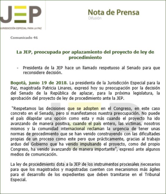 Comunicado de la JEP sobre decisión del Senado.