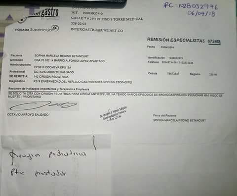 Remisión del Centro Especializado Intergastro a Coomeva, en donde indica que la menor requiere cirugía urgente.