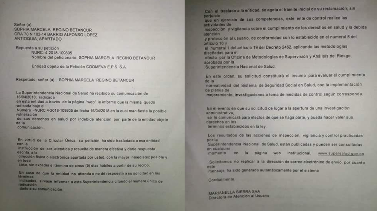 Respuesta de la Superintendencia de Salud al ser reportada la primera queja.