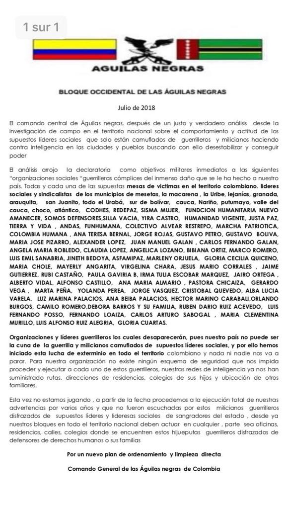 Este fue el panfleto con el que amenazaron a los periodistas de la Silla Vacía y Jineth Bedoya. 