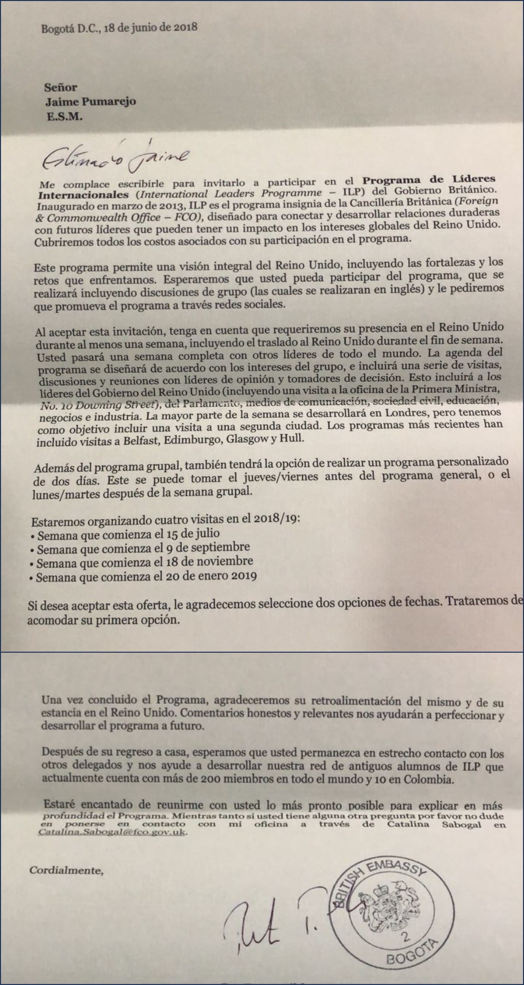 Invitación de la Embajada Británica al programa de Liderazgo.