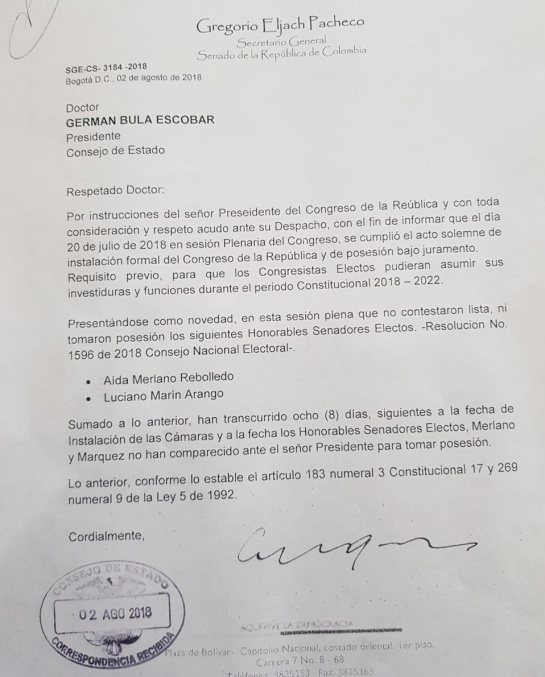 Esta es la carta enviada por el secretario del Senado, Gabriel Eljach.