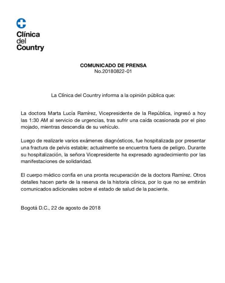 @ViceColombia Comunicado emitido por la clínica del Country, en Bogotá.