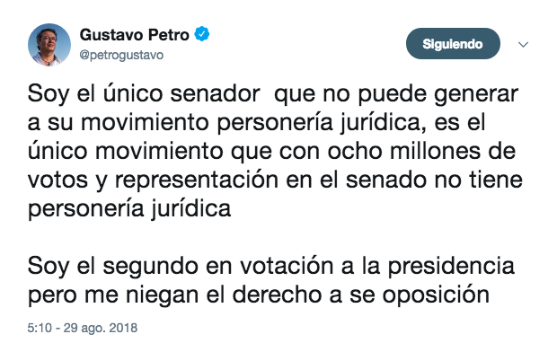 El trino publicado por el senador Gustavo Petro. 