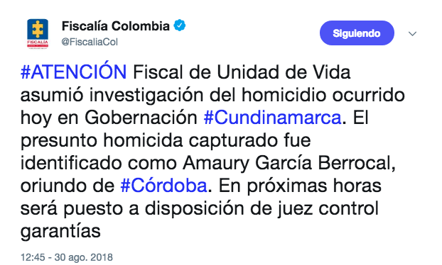 Twitter El tweet de la Fiscalía sobre el homicidio en la Gobernación de Cundinamarca.
