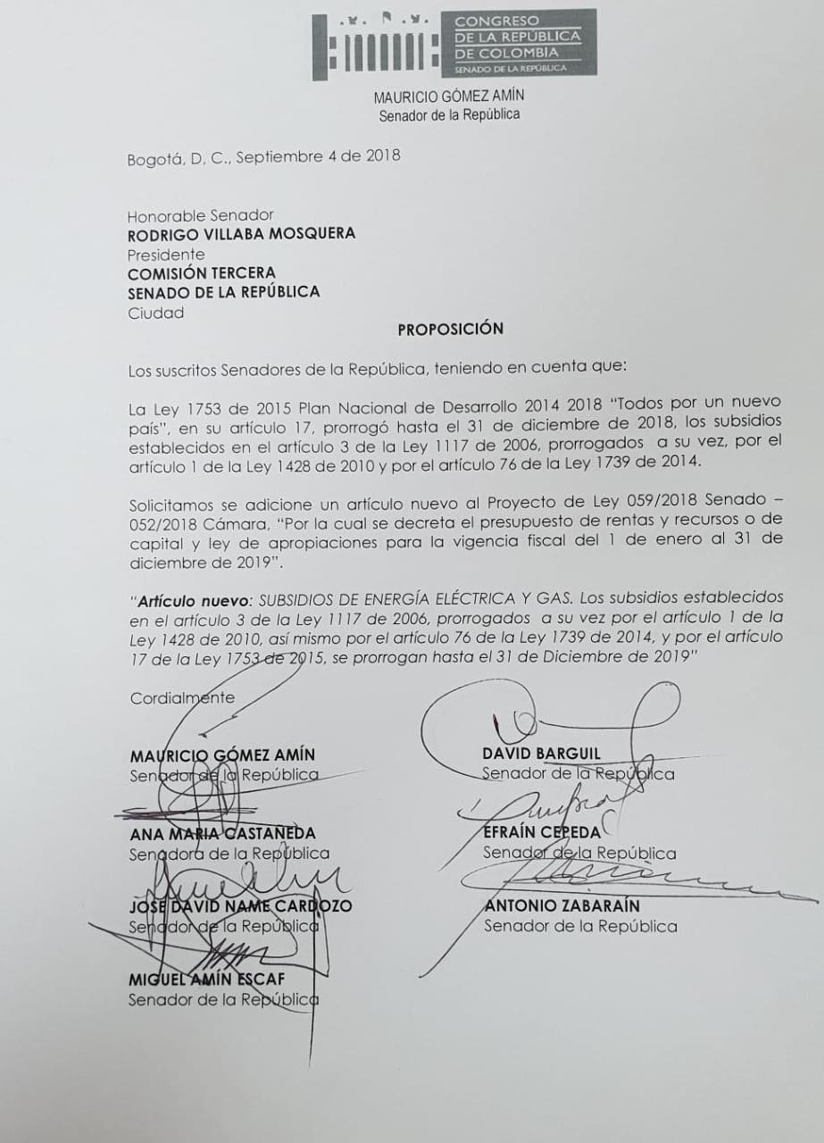 El documento que presentarán los senadores costeño este martes.