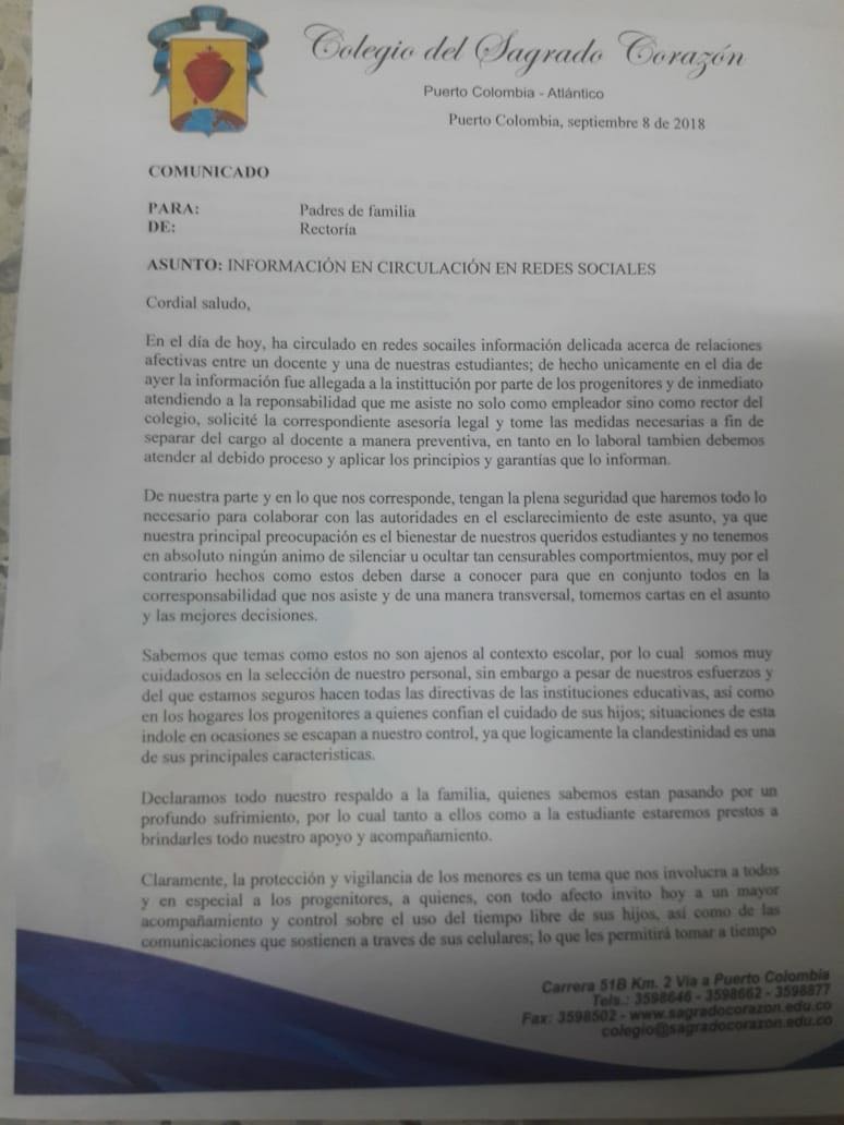 Esta es la circular enviada a los padres de familia.