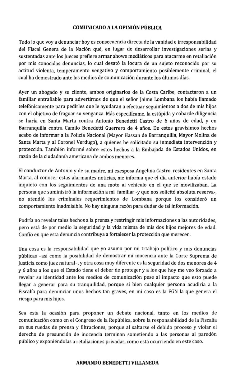 Comunicado del senador Armando Benedetti. 