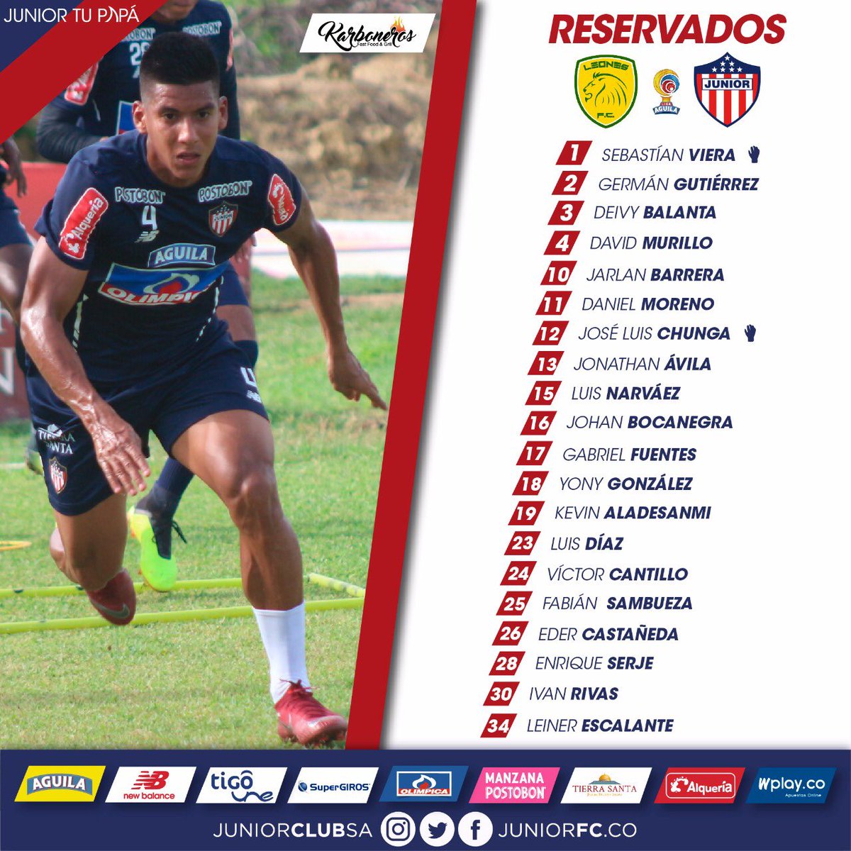 Lista de jugadores reservados por Junior para el duelo con Leones. 