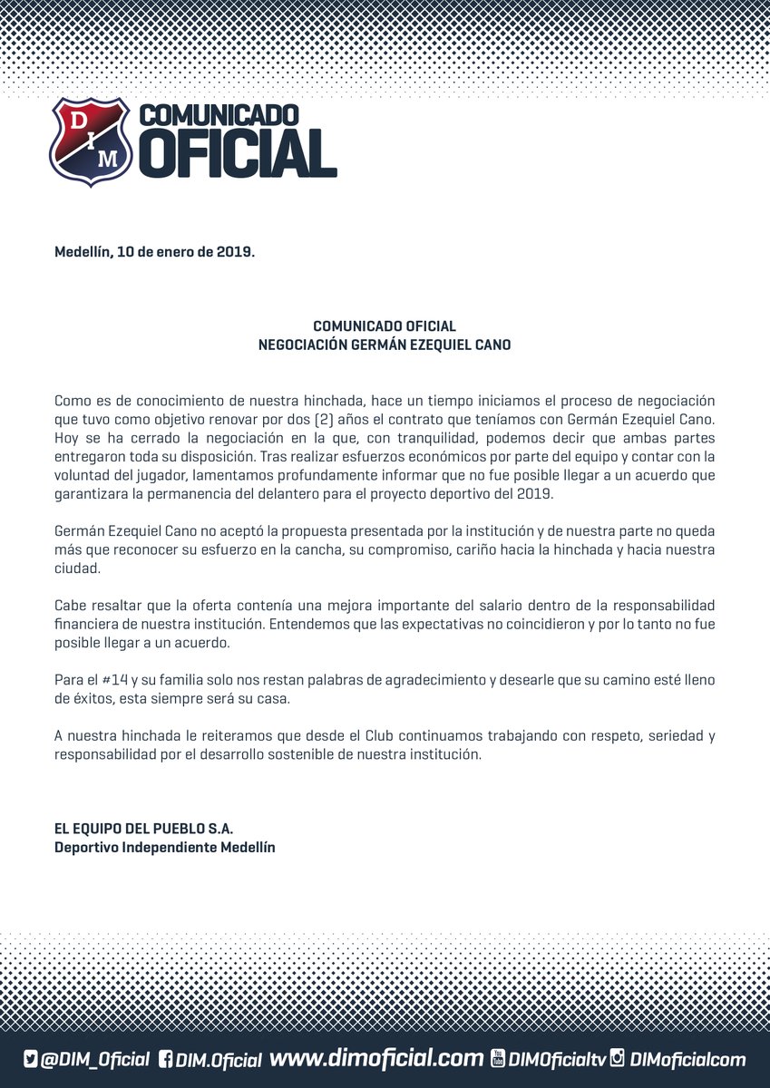 Comunicado del DIM sobre Germán Cano. 