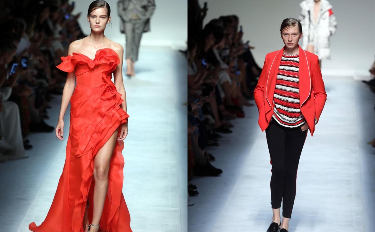 Dos modelos desfilan creaciones del diseñador Ermanno Scervino en Milán.