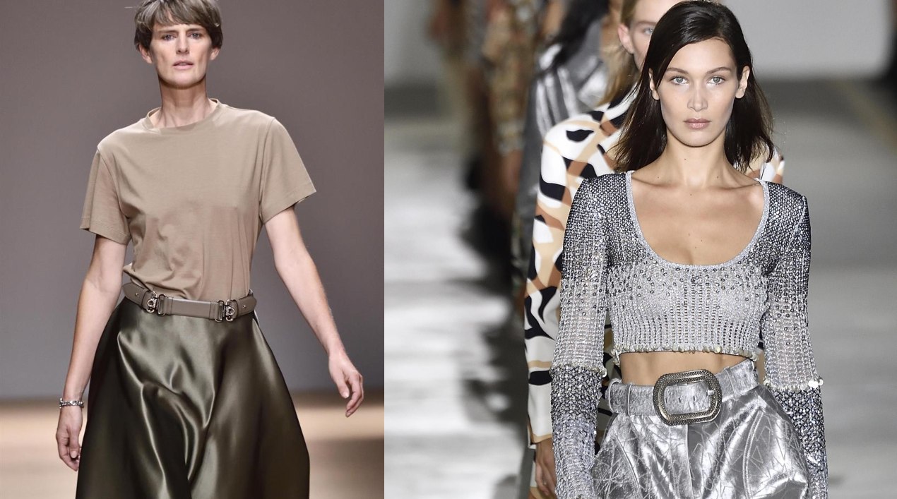 A la izquierda la modelo británica Stella Tennant con una creación de  Salvatore Ferragamo. A la derecha,  una creación de Roberto Cavalli.