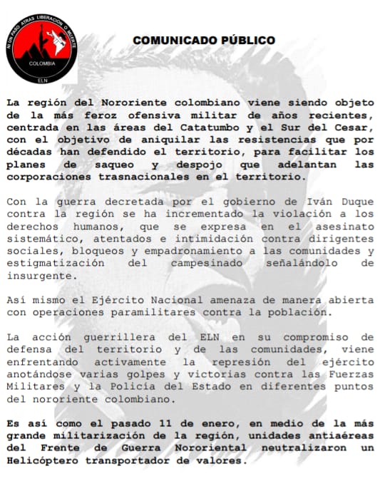 El comunicado emitido por el Frente de Guerra Nororiental del ELN.