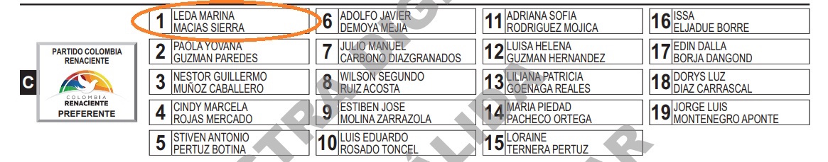 Cabeza de lista en el tarjetón del Partido Colombia Renaciente.