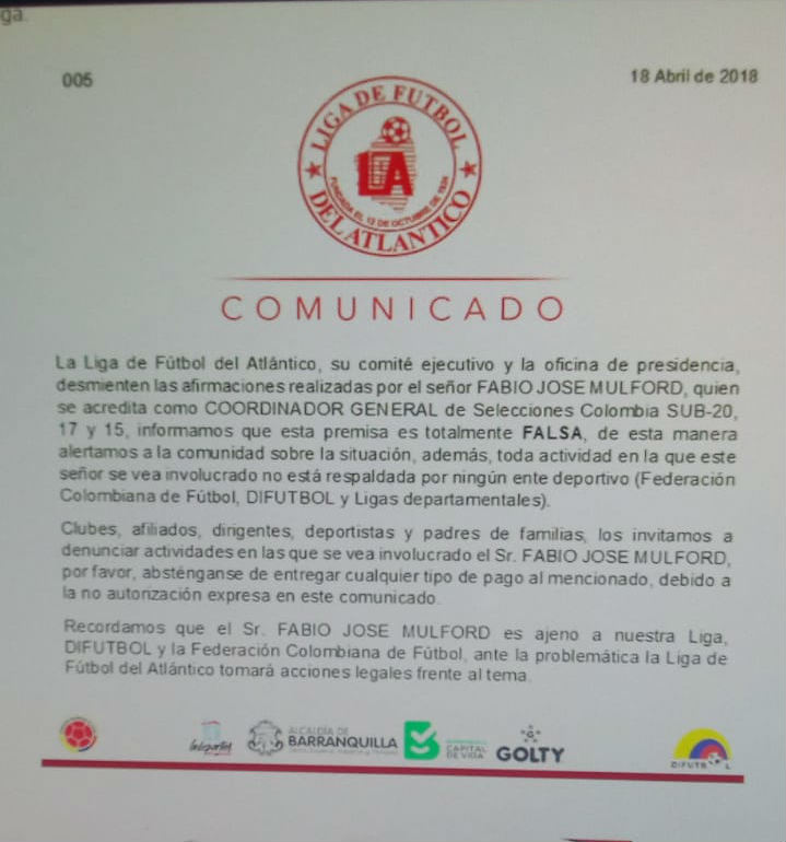 Comunicado de la Liga de Fútbol del atlántico sobre Fabio Mulford. 